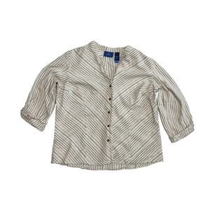 J.H. Collectibles Striped Linen Rayon Button up Shirt XL V Neck Half Sleeve Tan